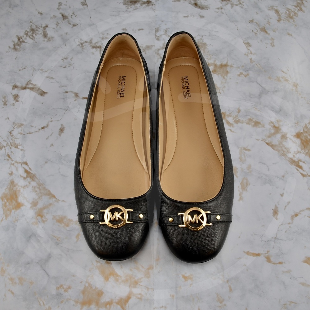 W 9.5M MICHAEL Michael Kors, Black Leather Ballet Flats